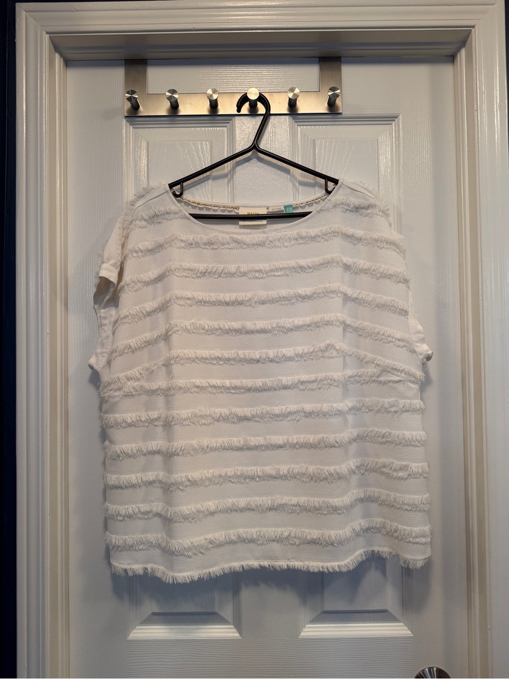 Anthropologie White Fringed Horizontal Stripe Top